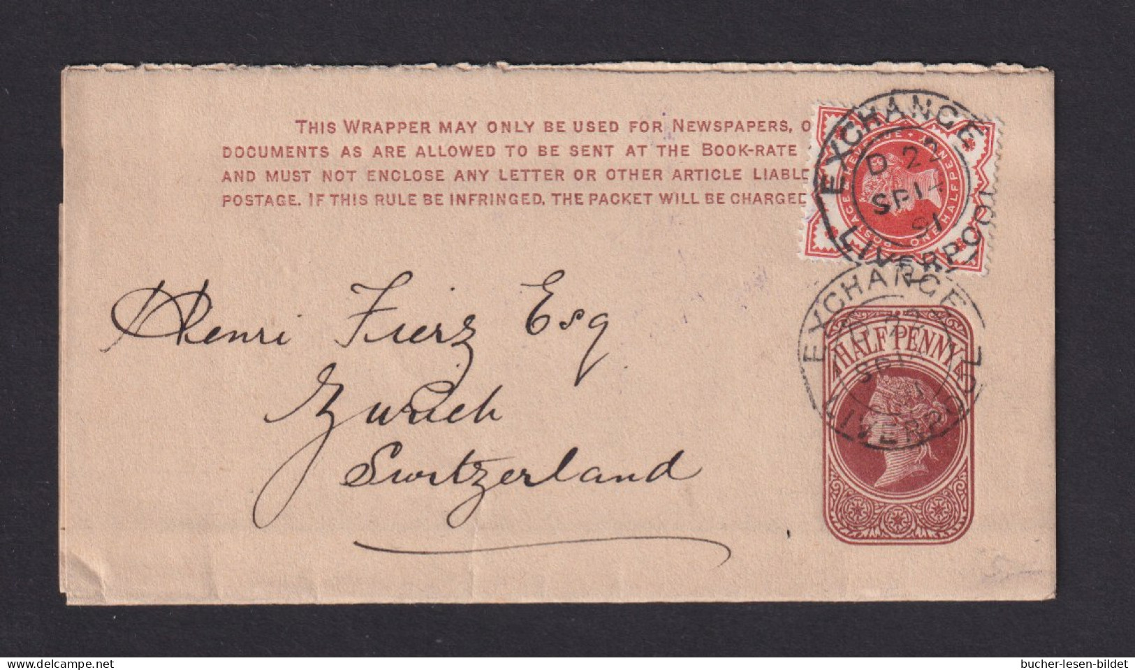 1891 - 1/2 P. Auf 1/2 P. Ganzsache Ab Exchange/Liverpool Nach Zürich - Lettres & Documents