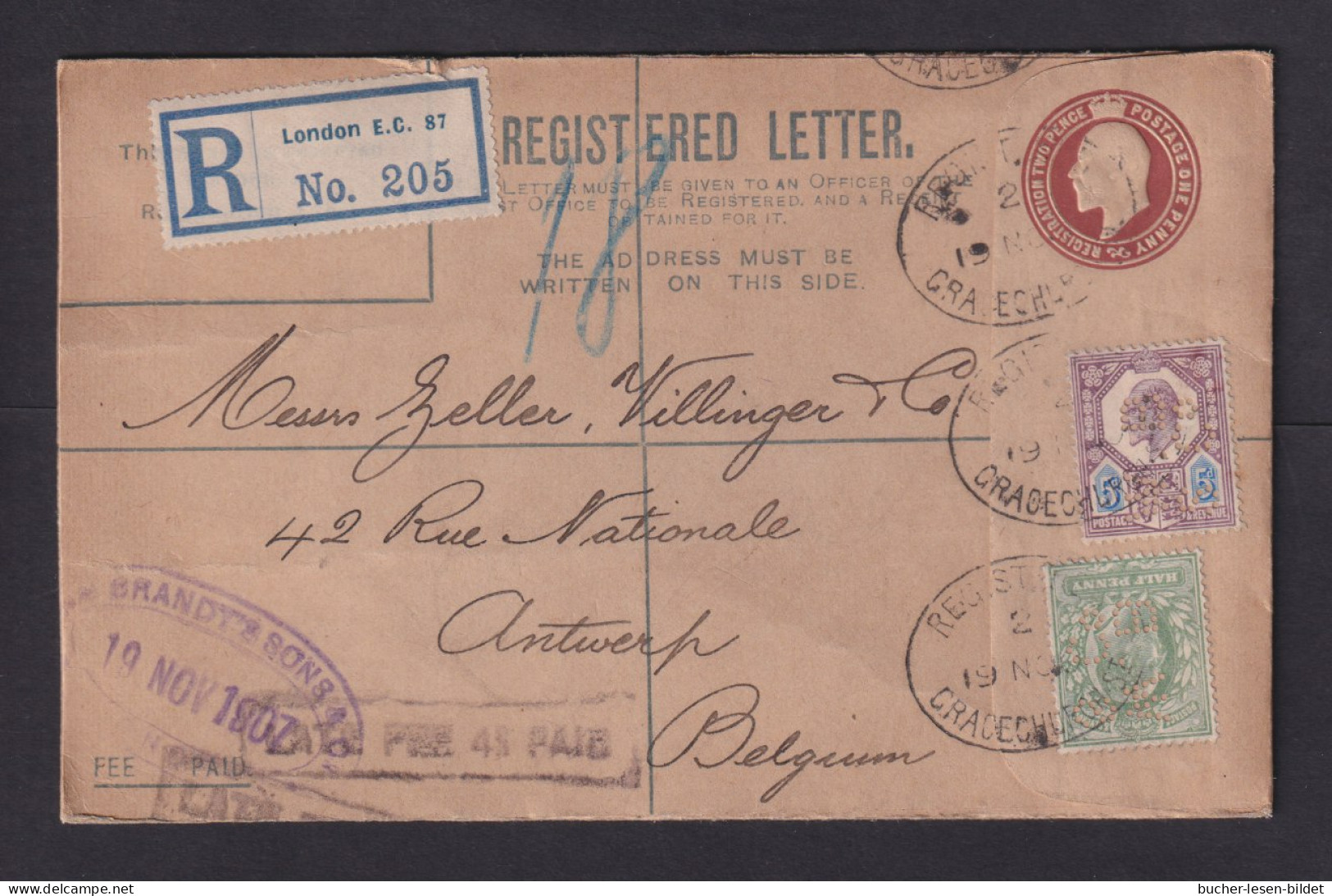 1907 - Einschreib-Ganzsache Mit Zufrankatur (Perfin) Und Stempel "LATE FEE 4 1/2 PAID" Ab London Nach Antwerpen - Cartas & Documentos