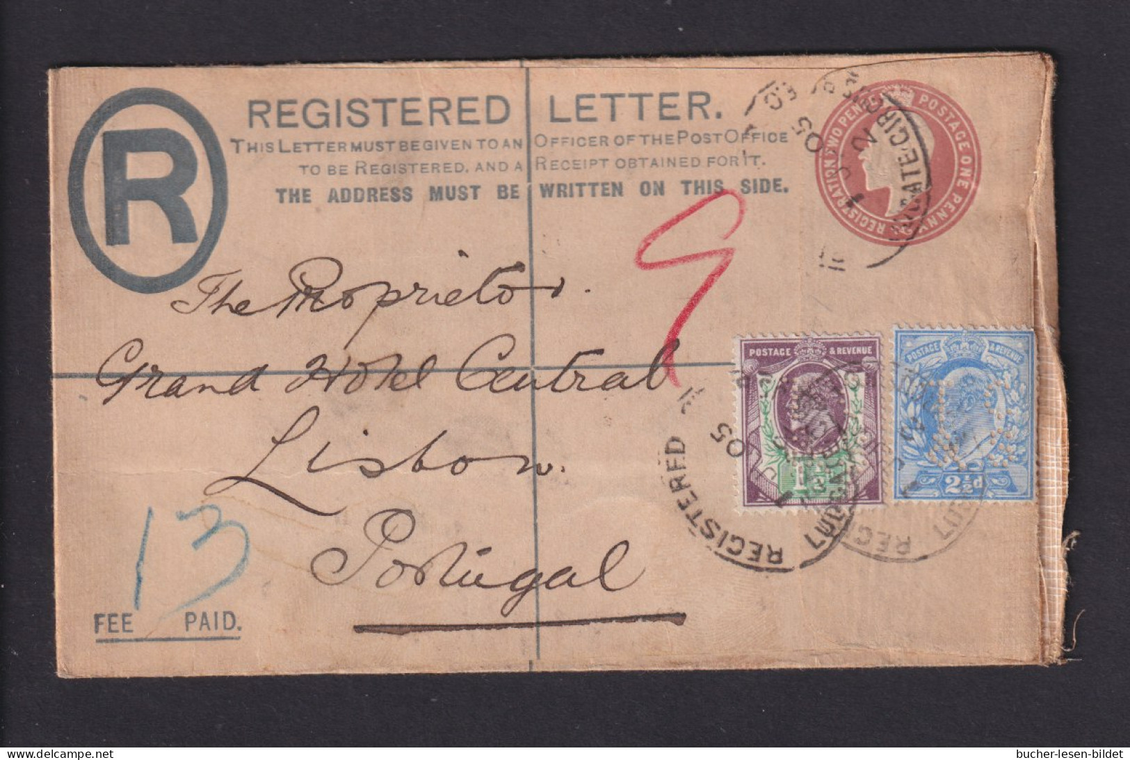 1905 - Einschreib-Ganzsache Mit Zufrankatur (Perfin) Ab London Nach Portugal - Covers & Documents