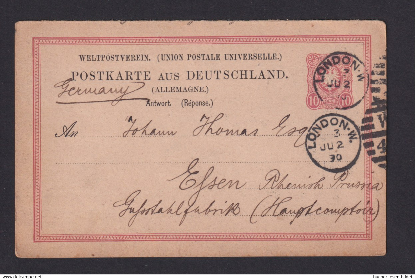 1890 - 10 Pf. Deutsche ANTWORT-Ganzsache Ab London Nach Essen - Briefe U. Dokumente