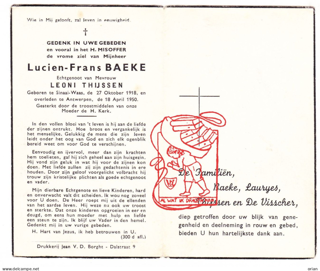 DP Lucien Frans Baeke ° Sinaai Sint-Niklaas 1918 † Antwerpen 1950 X Leoni Thijssen // Lauryes De Visscher - Devotion Images