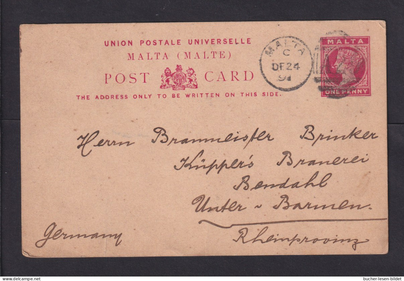 1891 - 1 P. Ganzsache Ab Malta Nach Unter-Barmen - Malte