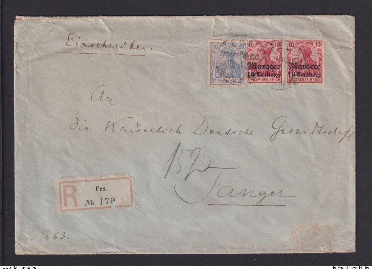 1906 - 2x 10 C. Überdruck-Marke Und 20 Pf. Germania (Einschreib-Gebühr) Auf Einschreibbrief Ab FEZ Nach Tanger - Maroc (bureaux)