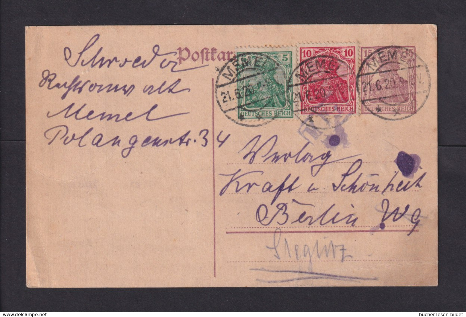 21.06.19020 - 15 Pf. Ganzsachen (PVP 116) Mit Zufrankatur (V85II..) Ab MEMEL Nach Berlin - Briefe U. Dokumente