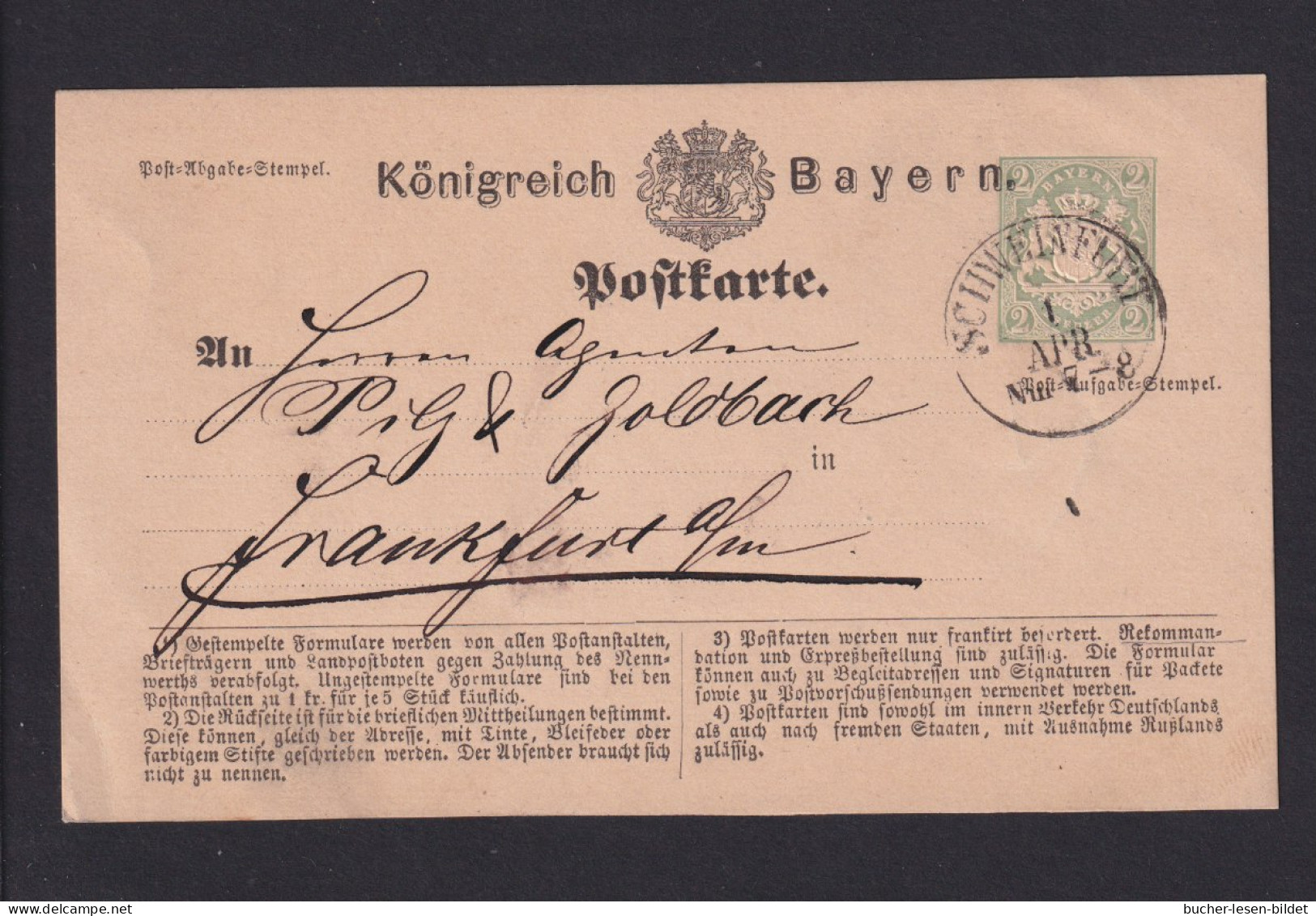 1873 - 2 Kr. Ganzsache (P 1IIb) - Type "b" - Ab Schweinfurt Nach Frankfurt - Sonstige & Ohne Zuordnung