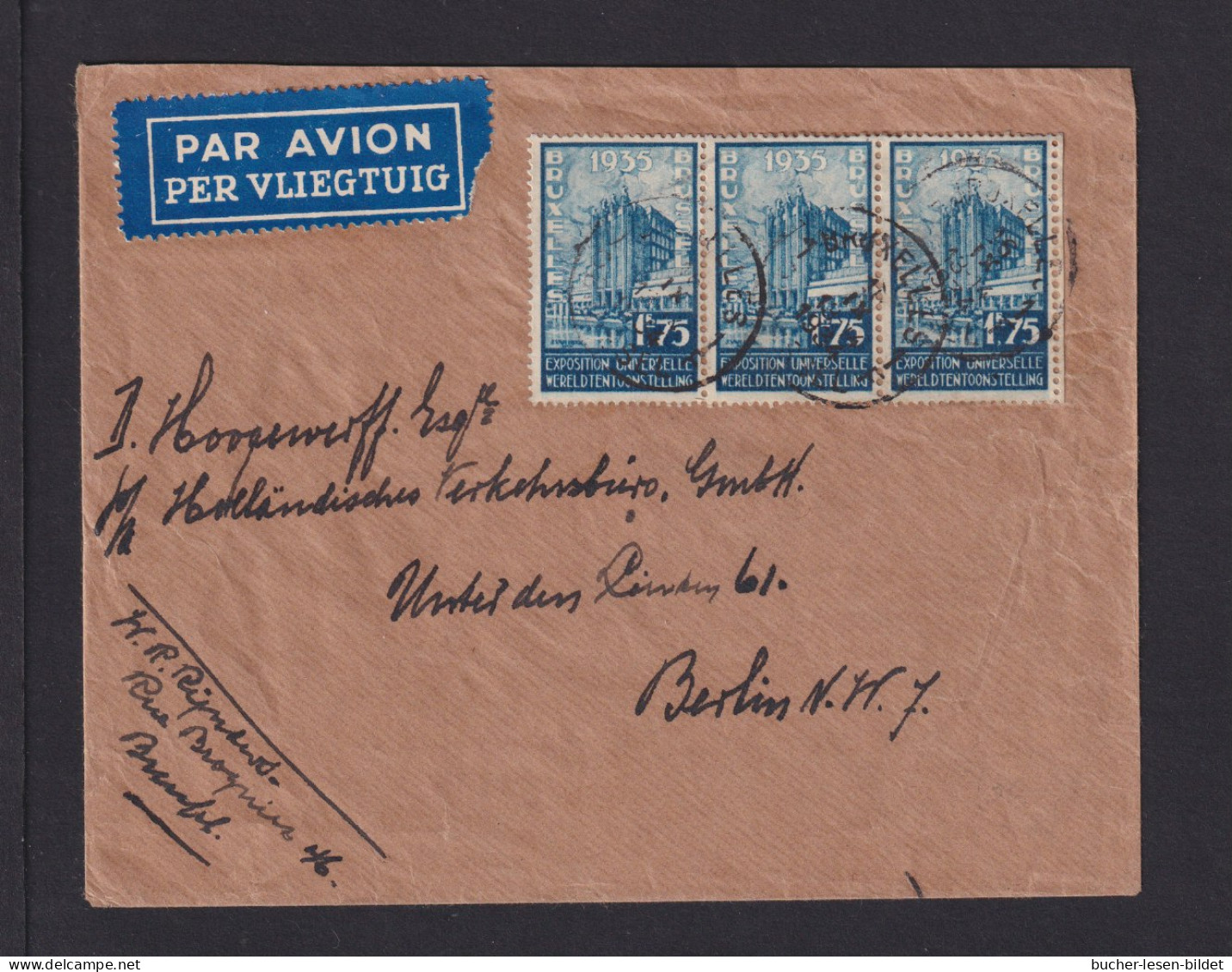 1934 - 3x 1,75 F. Auf Luftpostbrief Ab Brüssel Nach Berlin - Covers & Documents