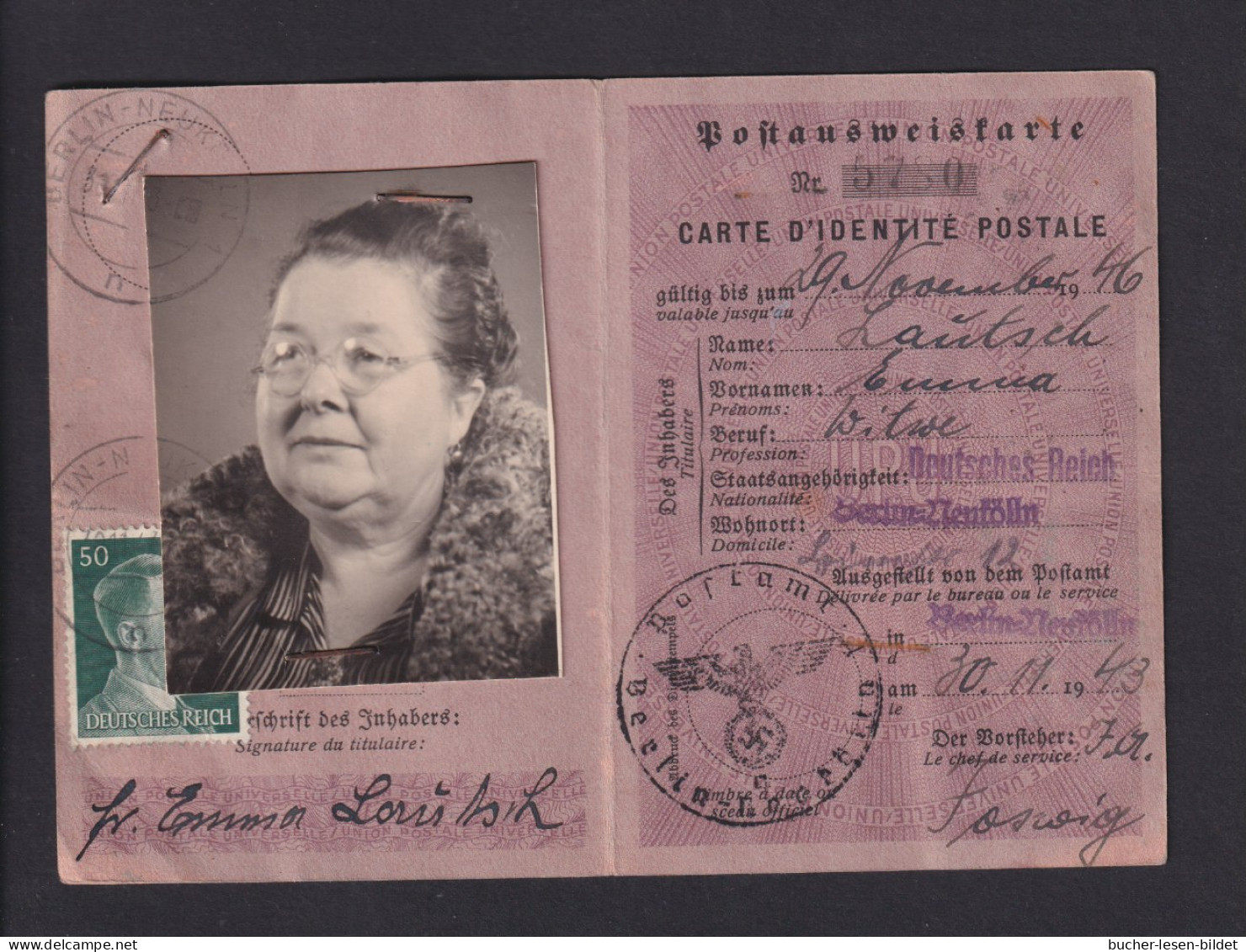1943 - 50 Pf. Hitler Auf Postausweiskarte Mit Lichtbild Aus Berlin - Cartas & Documentos