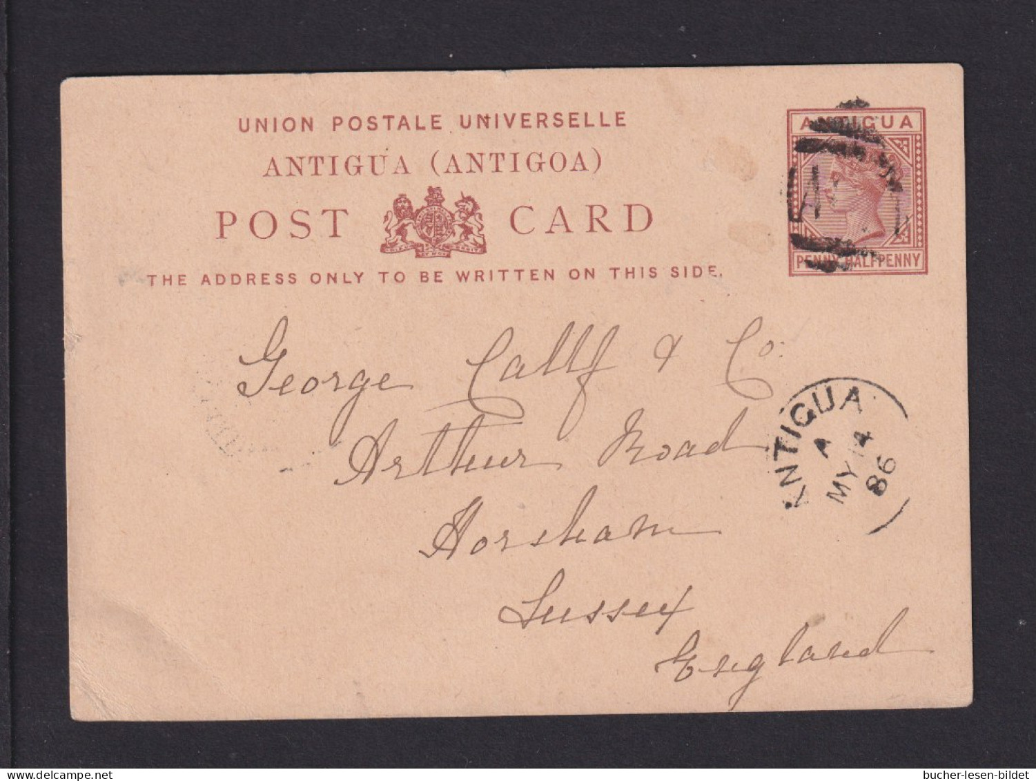 1886 - 1 1/2 P. Ganzsache (P 1) Ab ANTIGUA Nach England - 1858-1960 Colonie Britannique