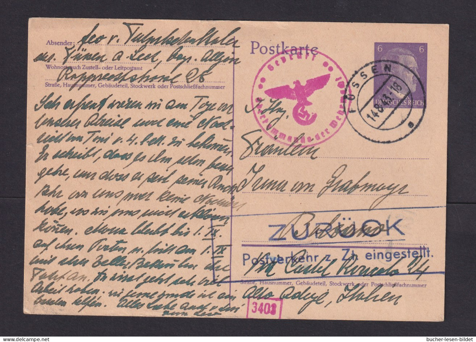 1943 - 6 Pf. Ganzsache Ab Füssen Nach Italien - Zensur Und "Zurück Postverkehr Z. Zt. Eingestellt" - Seconda Guerra Mondiale