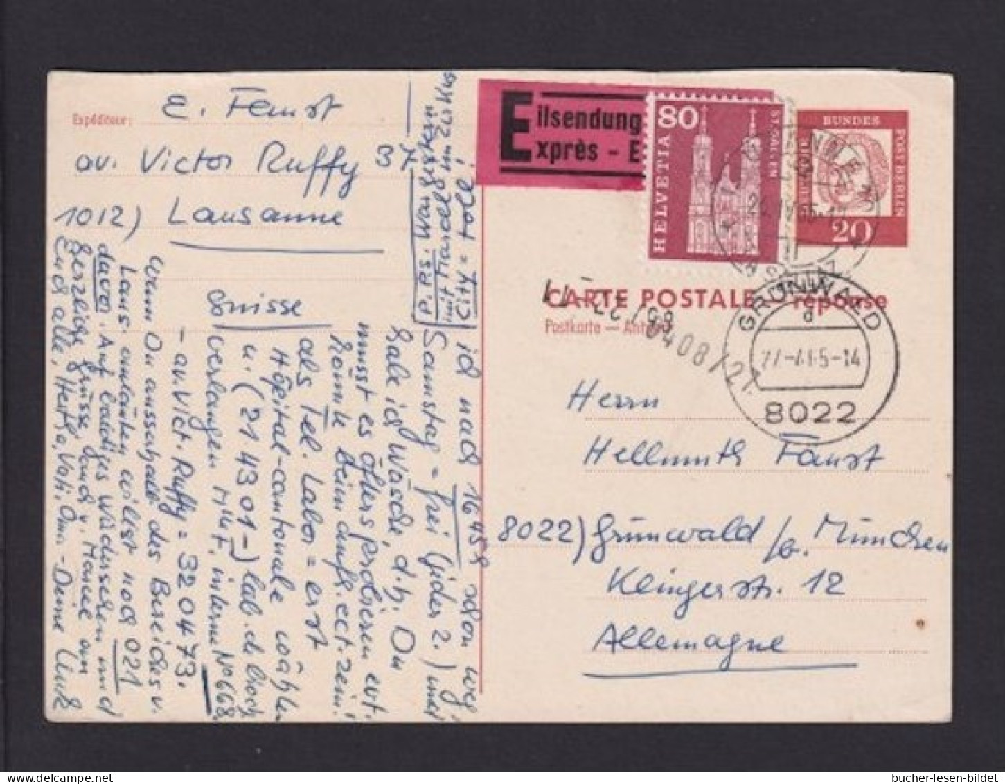 1965 20 Pf. Antwort-Ganzsache (P 61A) Mit Schweizer Zufrankatur Ab Lausanne Gebraucht - Cartes Postales - Oblitérées