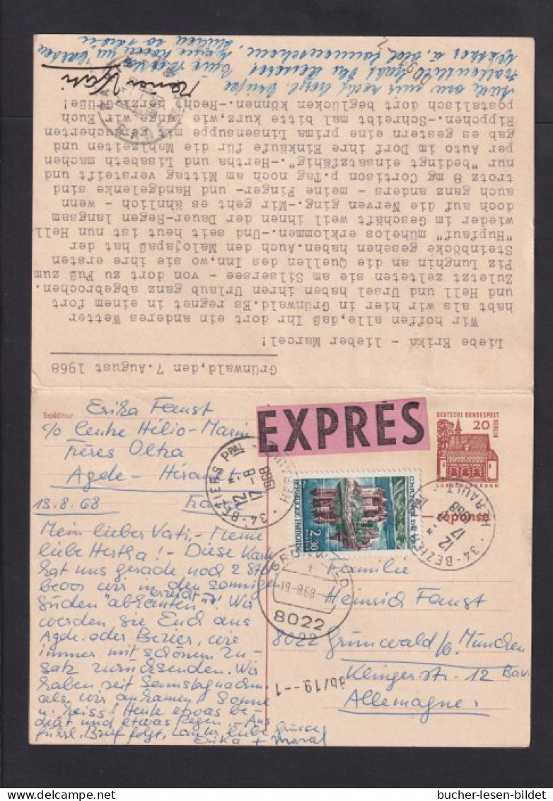 1968 - 20 Pf. Doppel-Ganzsache (P 67) Per Eilboten Nach Frankreich - Antwortkarte Per Eilboten Zurück Gebraucht - Postkarten - Gebraucht