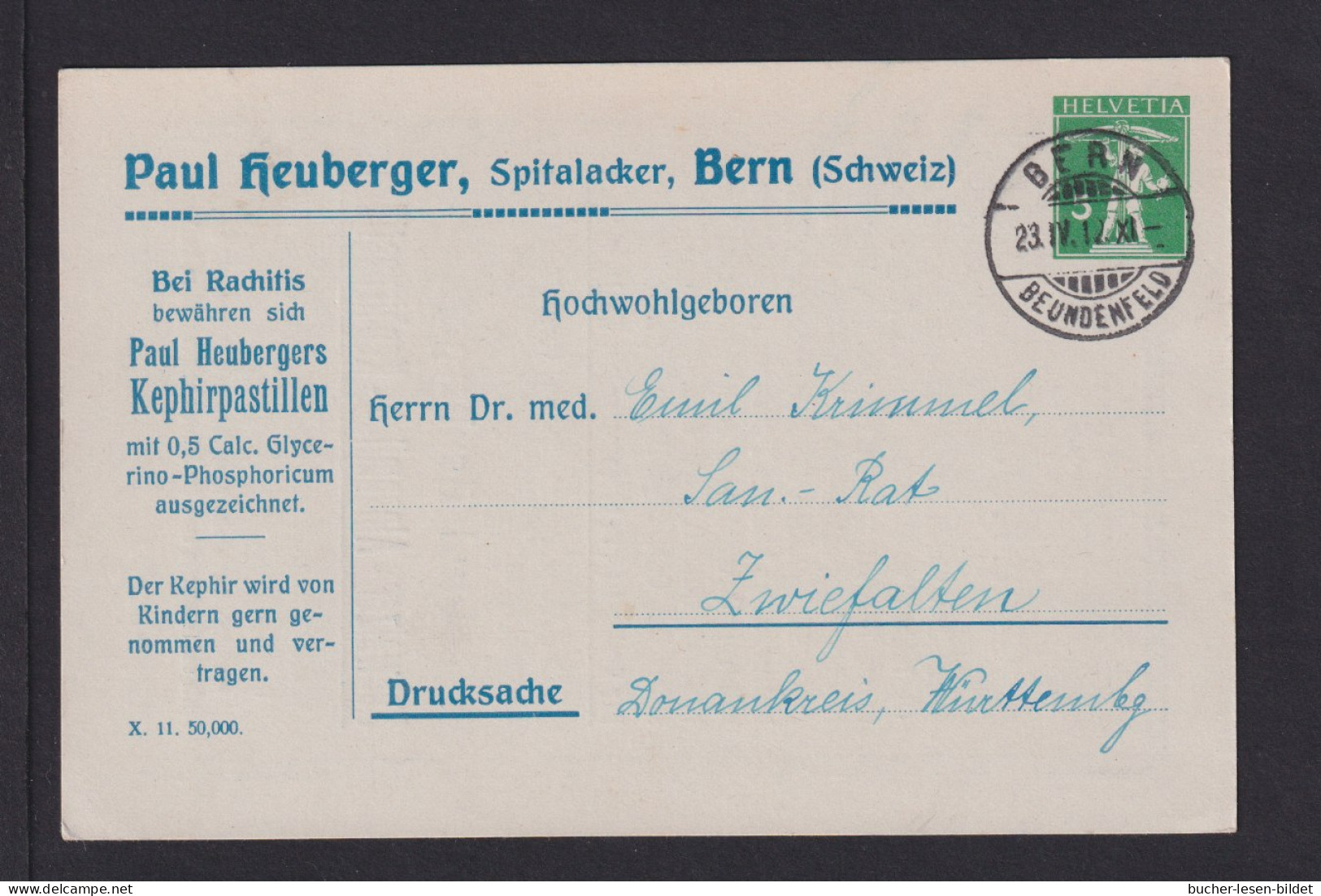 5 C. Privat-Ganzsache "Heuberger...Kephirpastillen..." - Ab Bern - Pharmacy