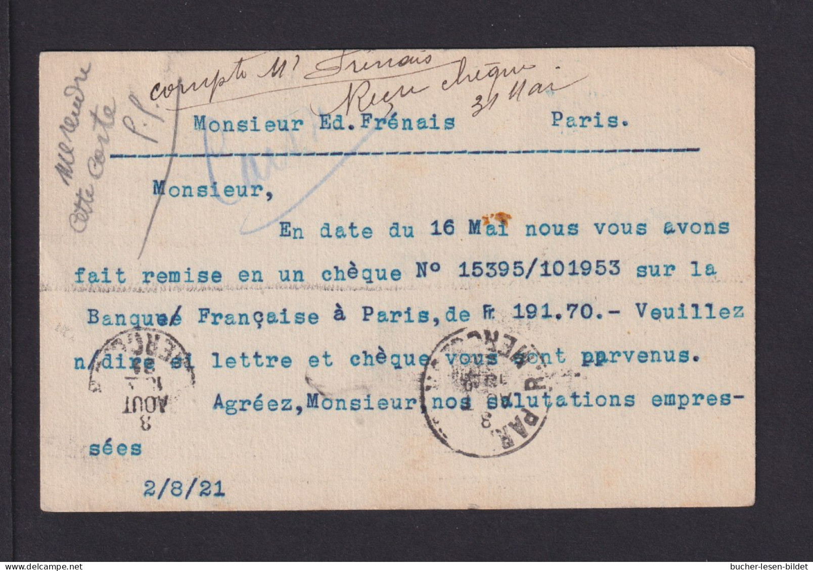 1921 - 5 L. Feldpost-Ganzsache Mit Zufrankatur Ab Salonique Nach Paris - Covers & Documents