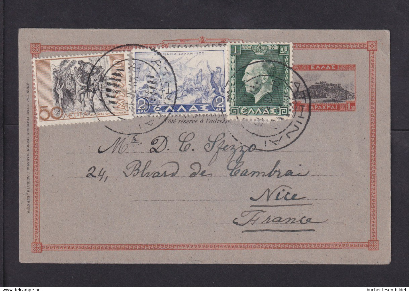 1935 - 1 D. Ganzsache (P 39) Mit Zufrankatur Ab Athen Nach Nice - Storia Postale