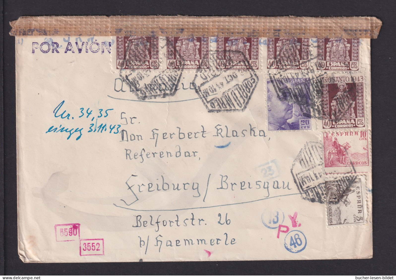 1943 - Mischfrankatur Auf Flugpostbrief Ab Madrid Nach Freiburg - Zensuren - Briefe U. Dokumente