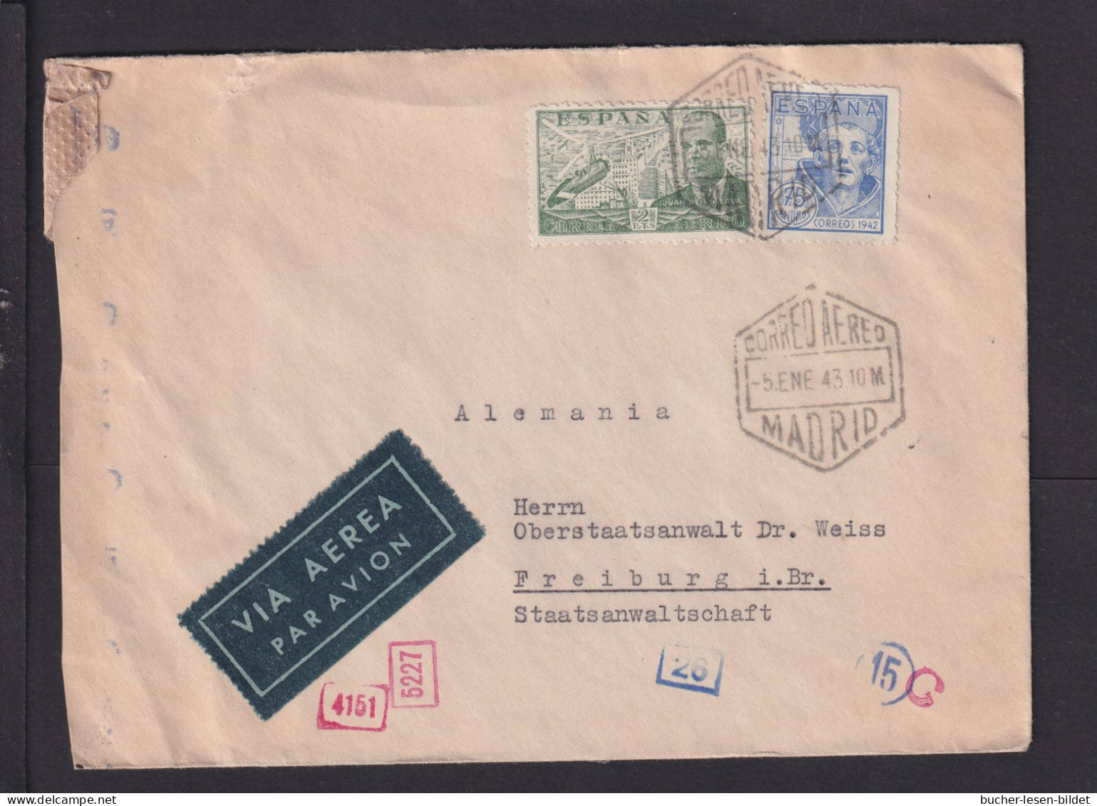 1943 - 75 C. Und 2 Pta. Auf Flugpostbrief Ab Madrid Nach Deutschland - Zensuren - Covers & Documents
