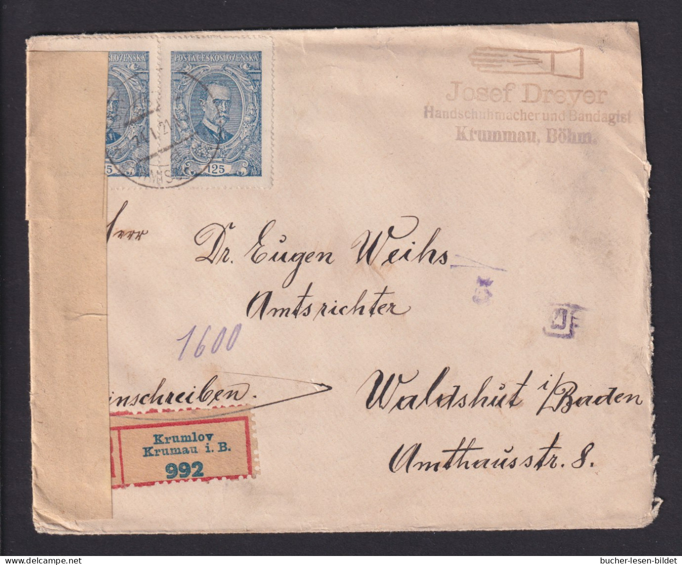1921 - Mischfrankatur Auf Einschreibbrief Ab KRUMLOV Nach Waldshut - Zensur - Cartas & Documentos