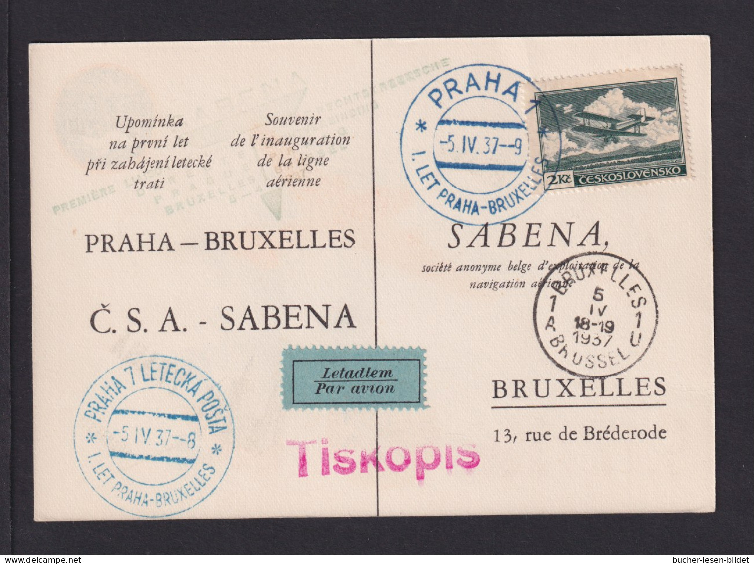 1937 - Erstflug-Sonder-Karte "Prag-Brüssel" - Sabena - Cartas & Documentos