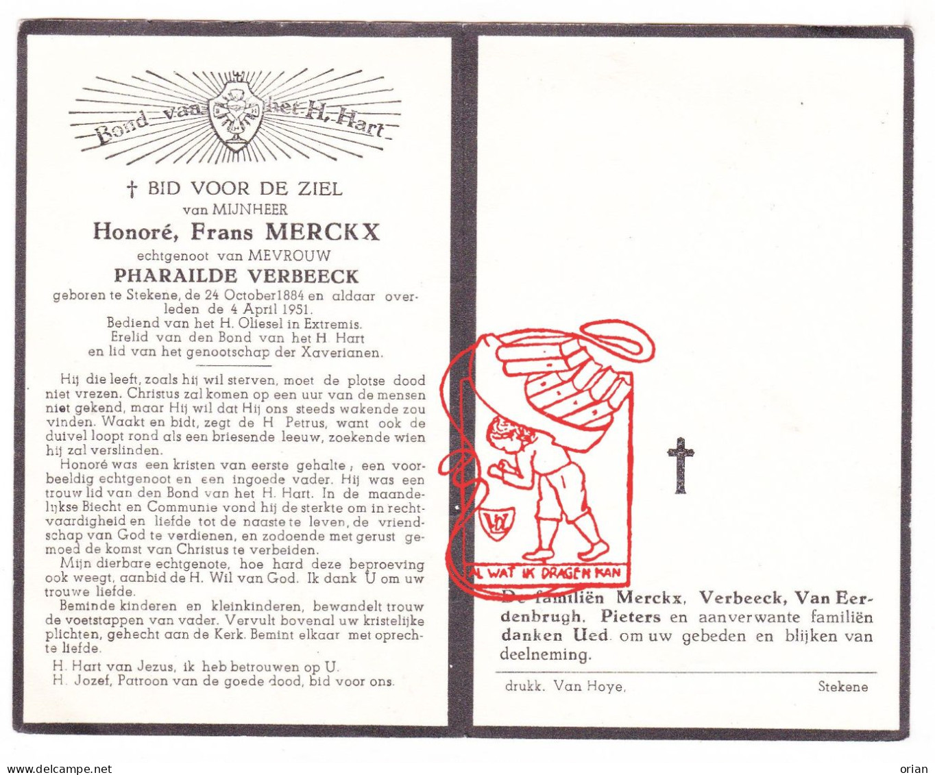 DP Honoré Frans Merckx ° Stekene 1884 † 1951 X Pharailde Verbeeck // Van Eerdenbrugh Pieters - Andachtsbilder