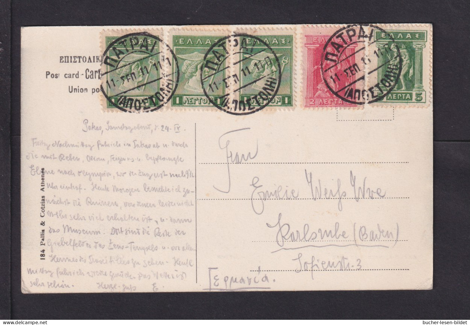 1911 - Mischfrankatur Auf Karte Ab Patras Nach Karlsruhe - Storia Postale