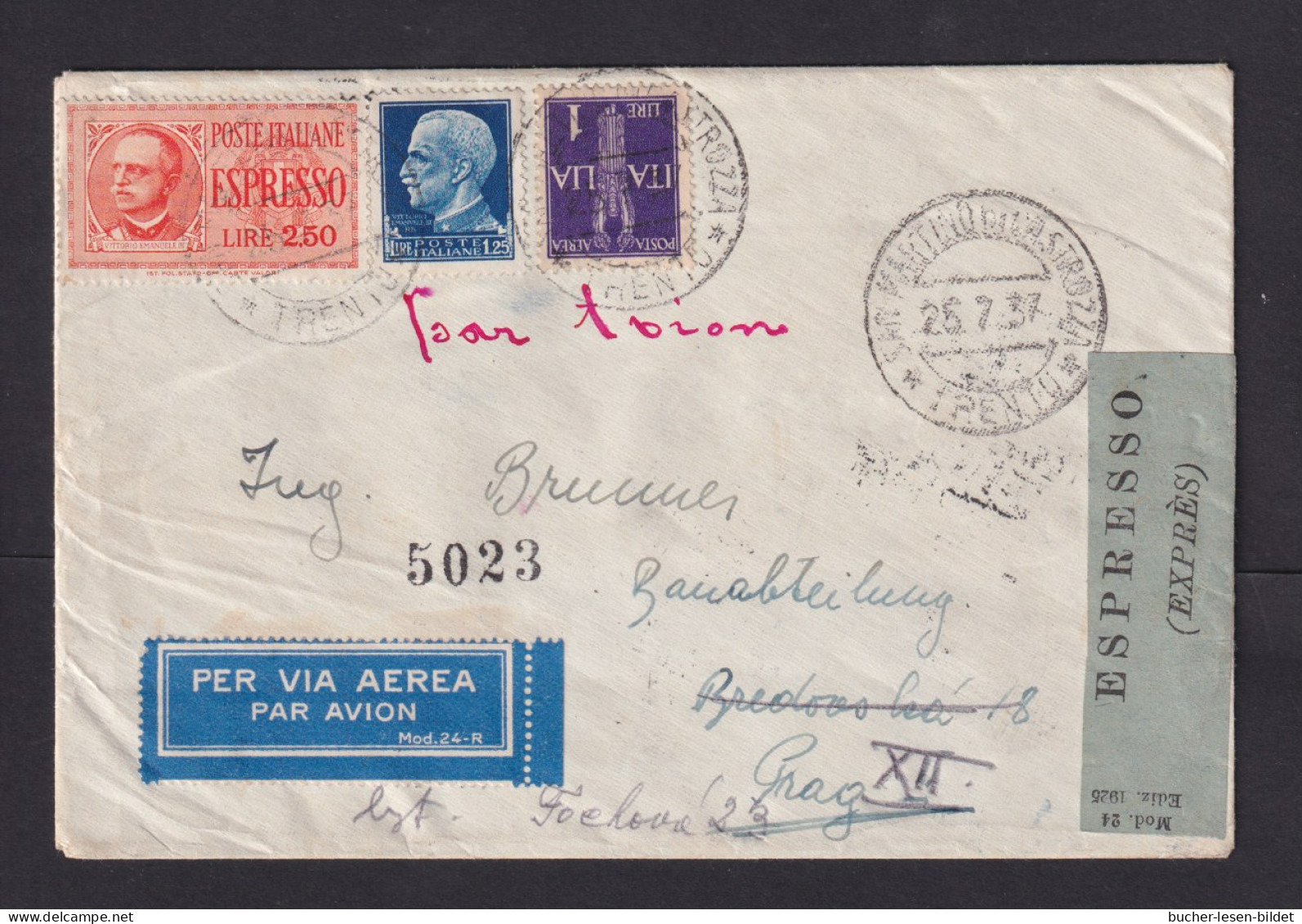 1937 - Eilboten-Luftpostbrief Ab San Martino Di Castrozza Nach Prag - Entero Postal