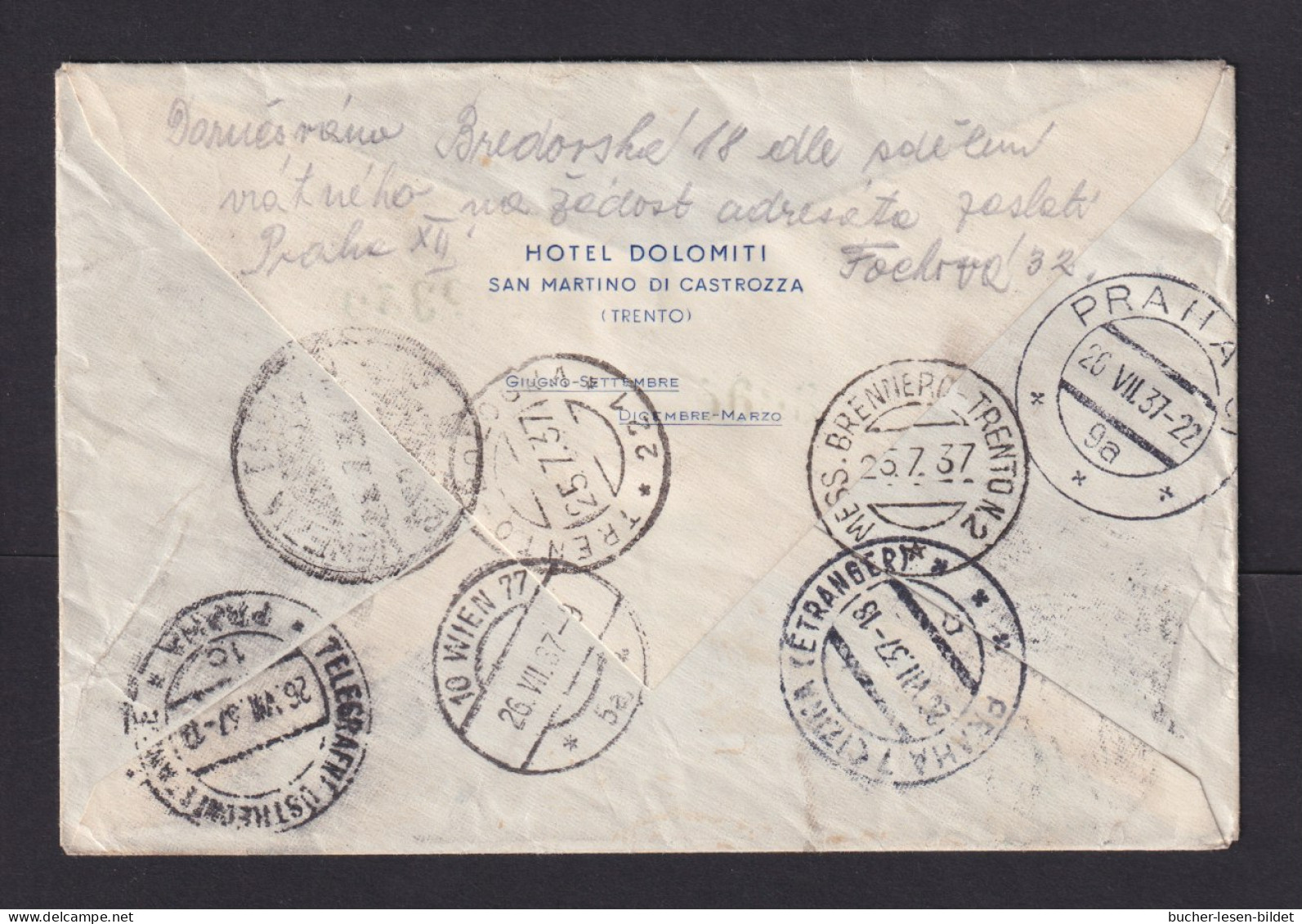 1937 - Eilboten-Luftpostbrief Ab San Martino Di Castrozza Nach Prag - Postwaardestukken