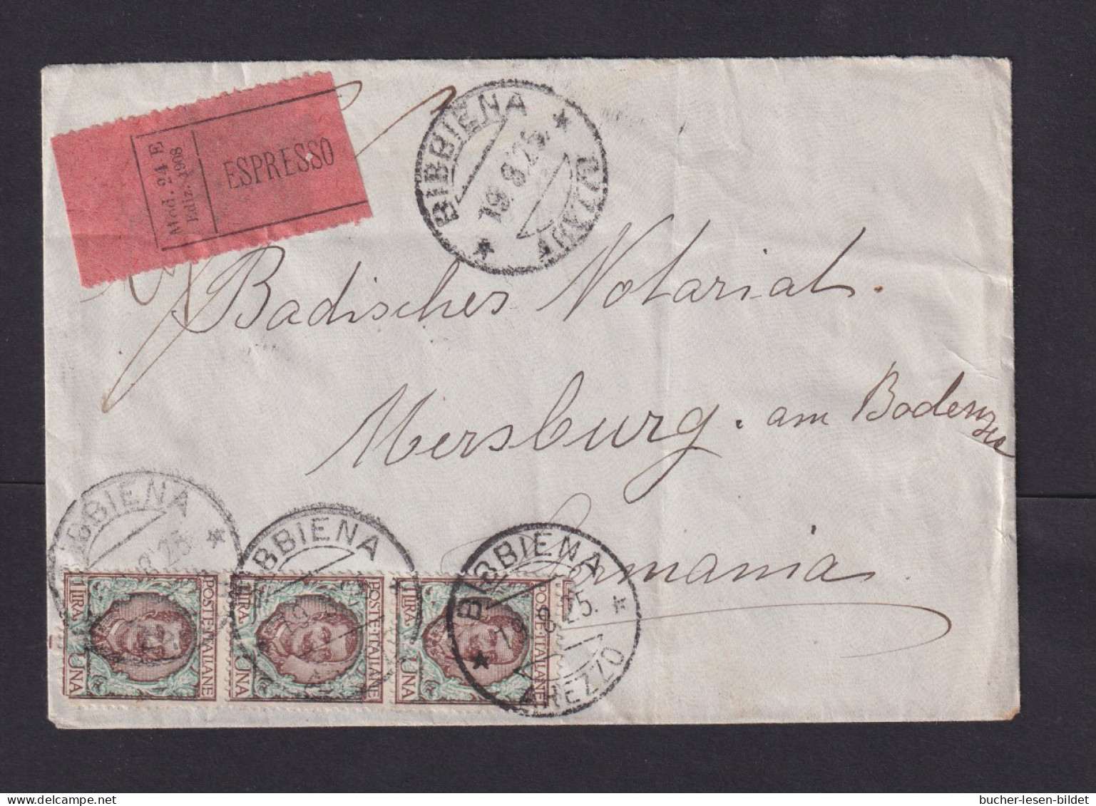 1925 - 3x 1 L. Auf Eilbotenbrief Ab BIBBIENA Nach Merseburg Am Bodensee - Ganzsachen