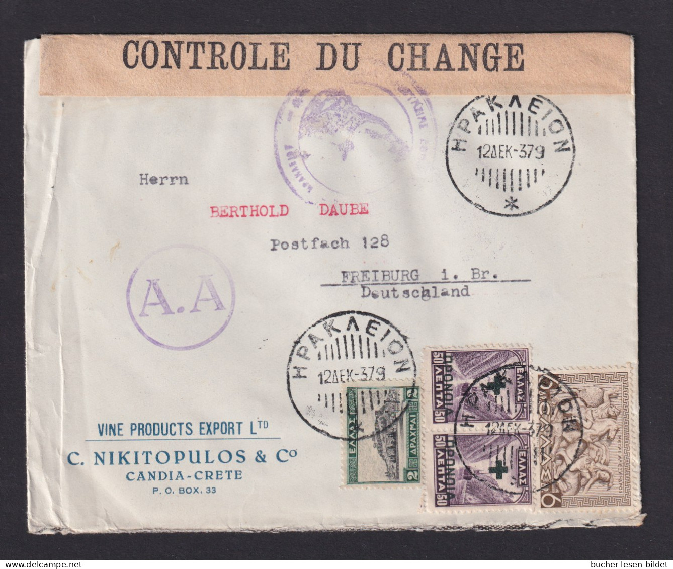 1937 - Brief Ab Heraklion Nach Freiburg - Deviesenzensur - Kreta