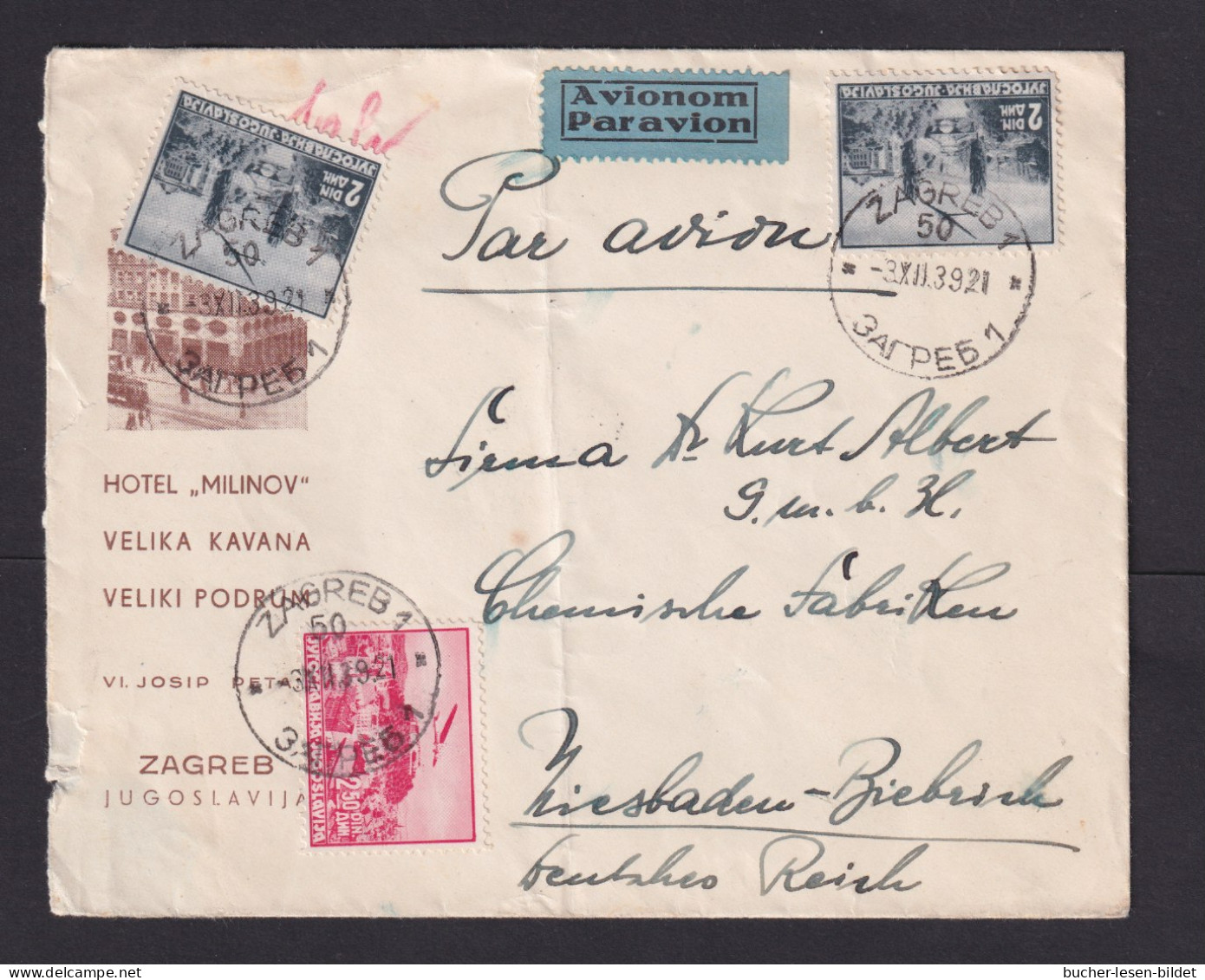 1939 - Hotelbrief Per Flugpost Ab Zagreb Nach Wiesbaden  - Croatie