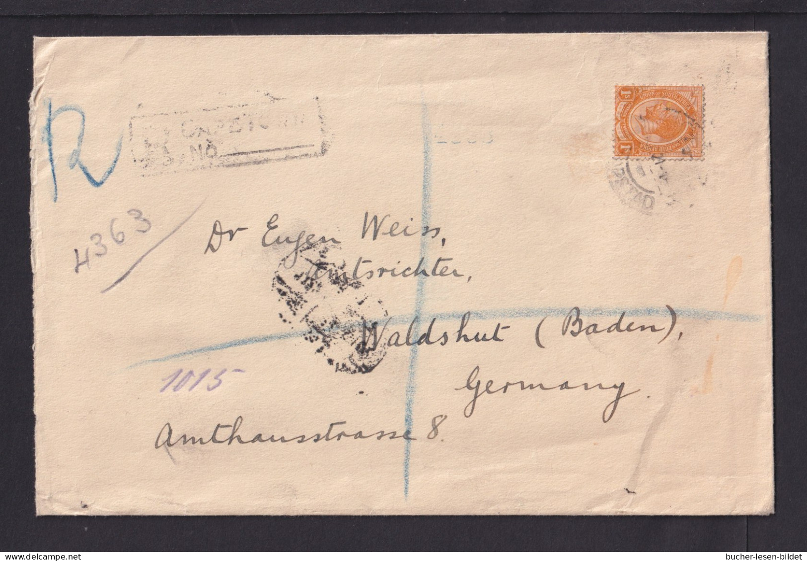 1921 - 1 S. Auf Einschreibbrief Ab Capetown Nach Waldshut - Lettres & Documents