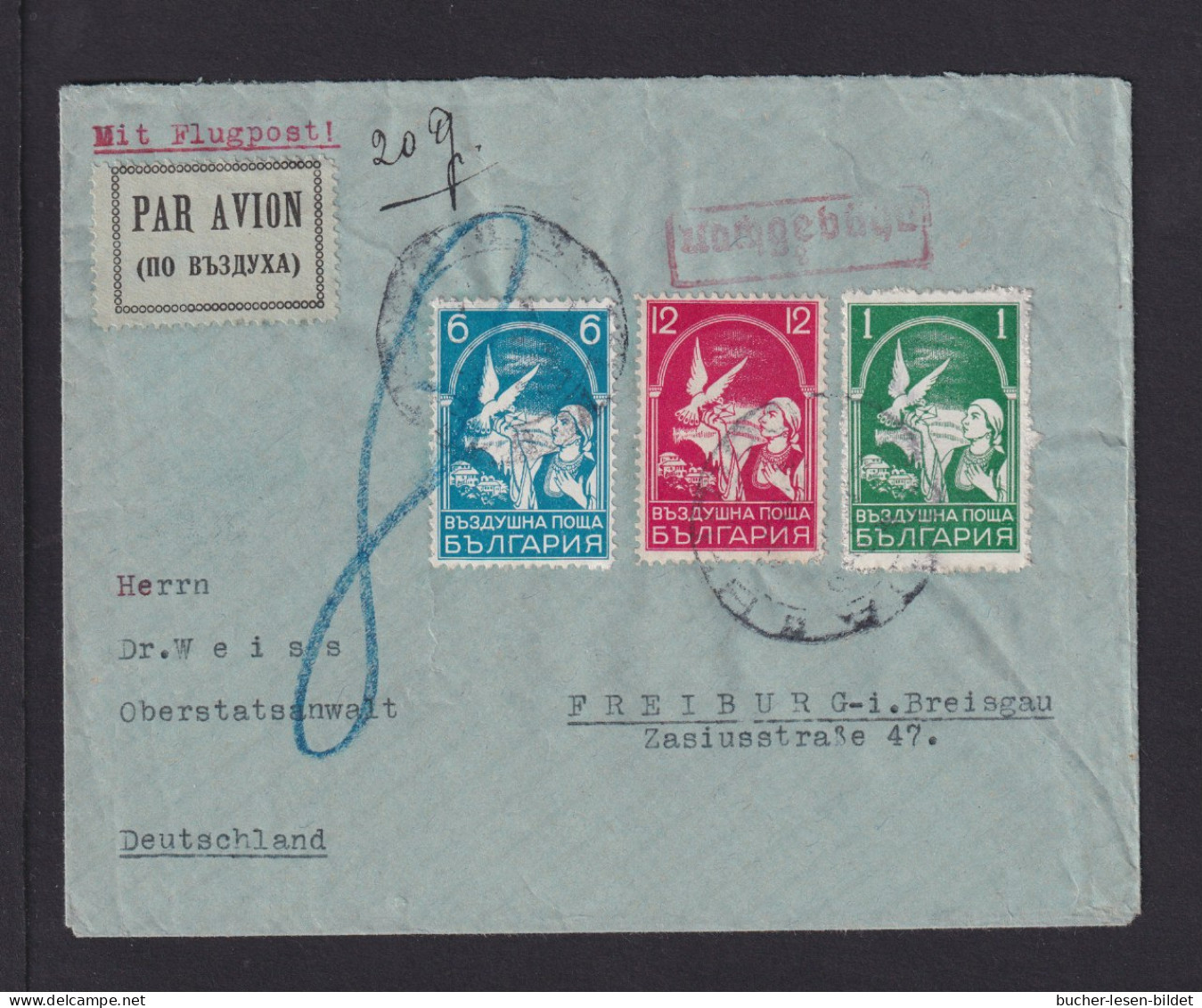Flugpostbrief Ab Sofia Nach Freiburg - Nachgebühr - Covers & Documents