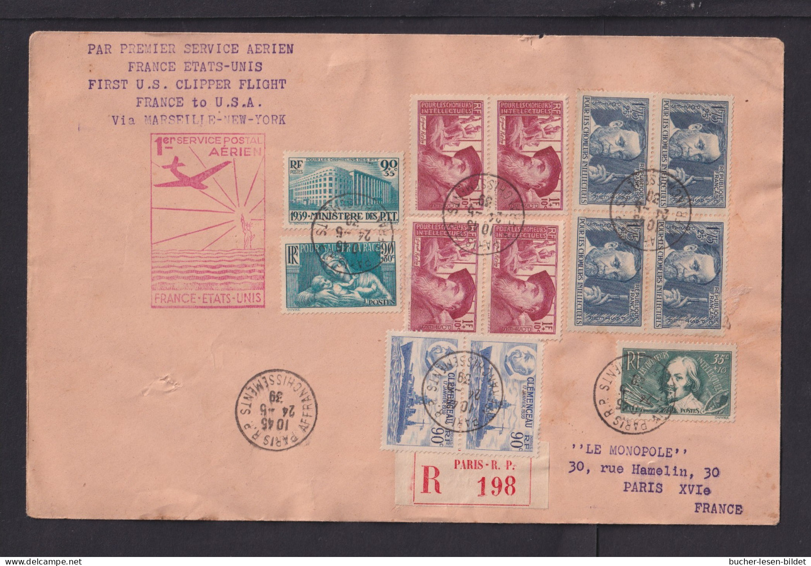 1939 - Gute Frankatur Auf Einschreib-Flugpostbrief Ab Paris Nach USA "Clipper-Flight" - Storia Postale