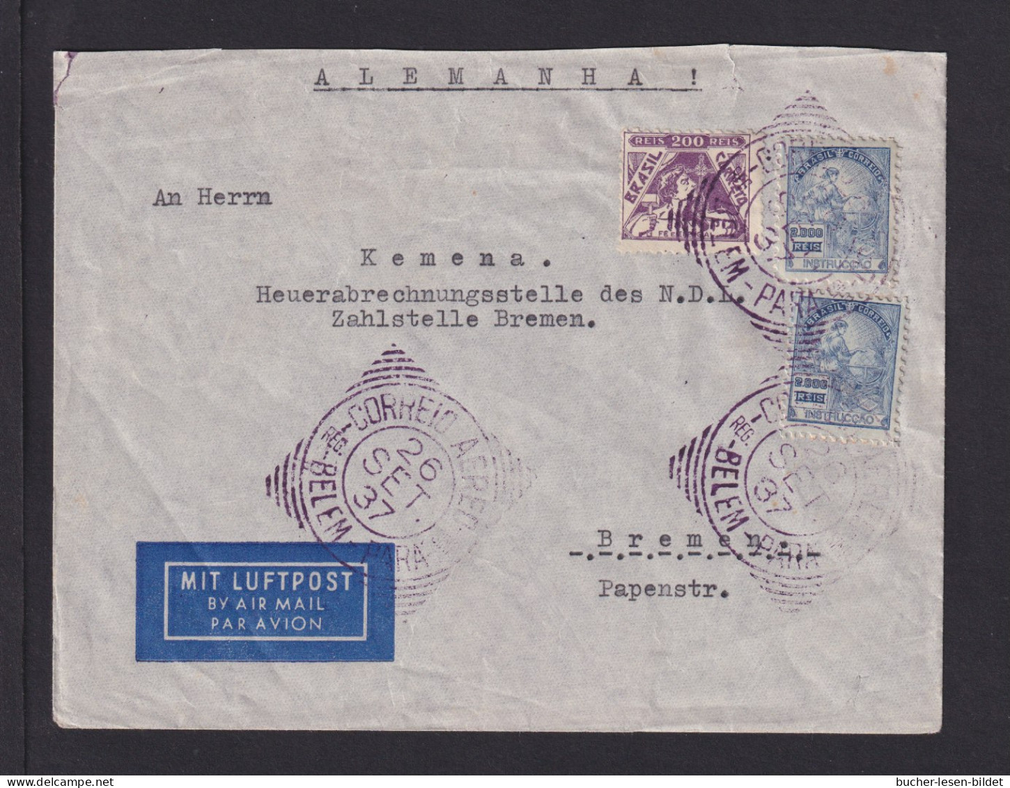 1937 - Flugpostbrief Mit Violettem Aufgabestempel BELEM-PARA Nach Bremen - Briefe U. Dokumente