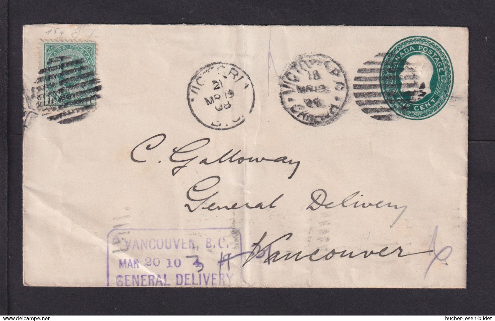 1908 - 1 C. Ganzsache Mit Zufrankatur Ab Victoria Nach Vancouver - Briefe U. Dokumente