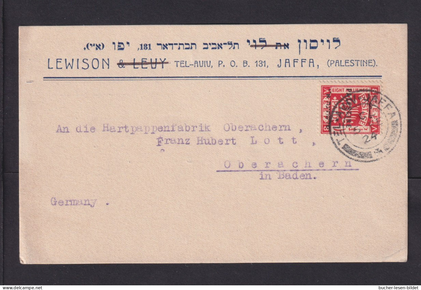 1924 - Überdruckmarke Auf Karte Ab Tel-Aviv-Jaffa Nach Oberachern - Palestine