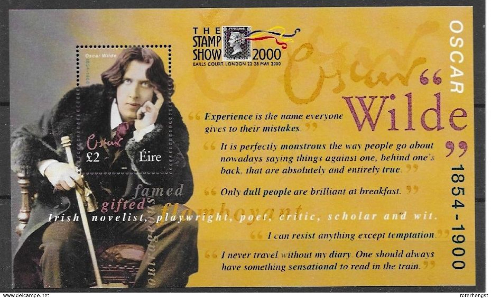 Ireland Mnh ** Nsc 2000 Oscar Wilde Sheet The Stamp Show Overprint - Blokken & Velletjes