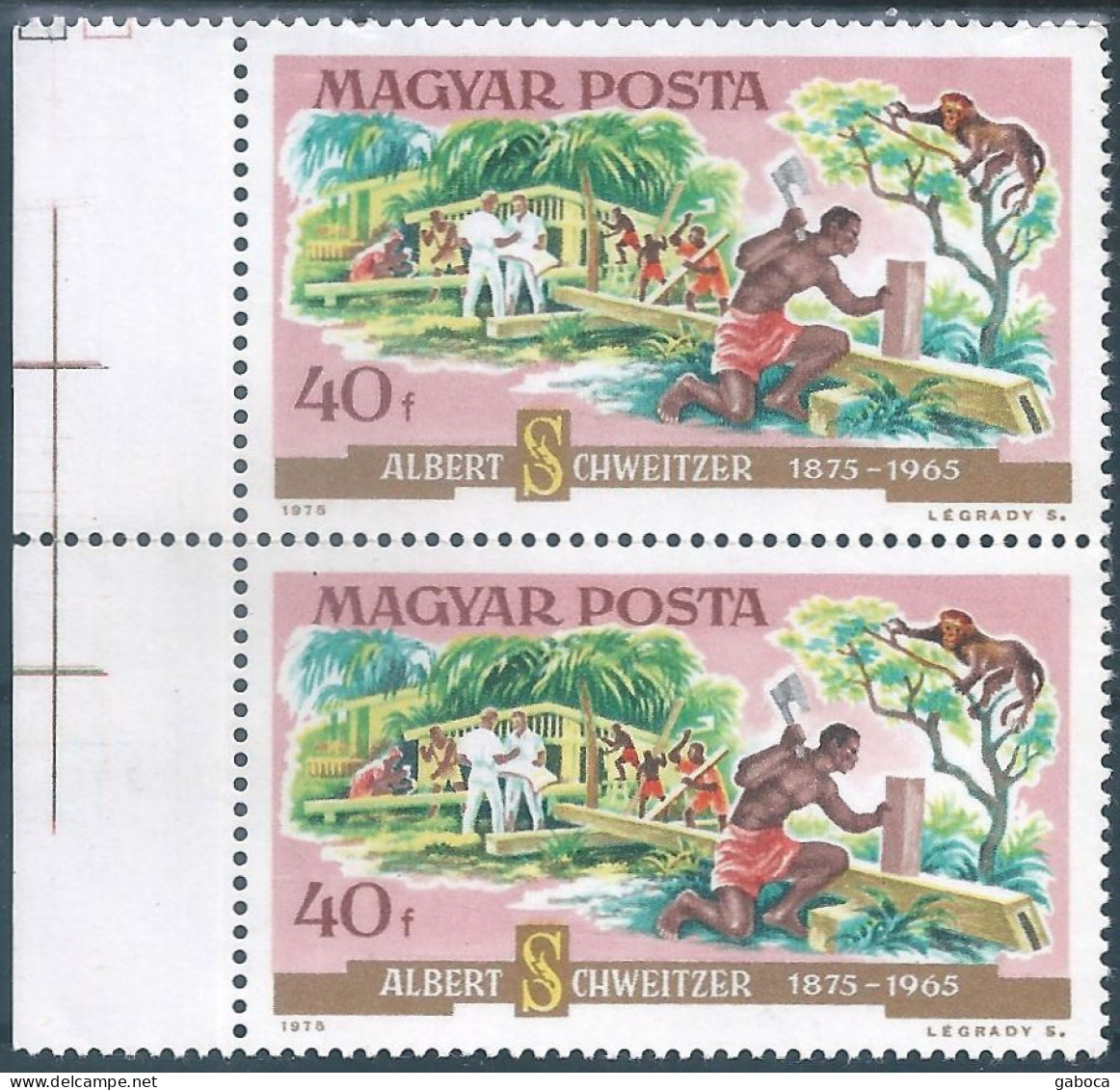 C5941 Hungary Schweitzer Nobel Prize Health Building Palm Monkey Folded Pair MNH RARE - Scimmie