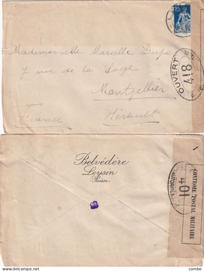 2 LETTRES. SUISSE. BELVEDERE LEYSIN POUR MONTPELLIER. BANDE CENSURE - Covers & Documents