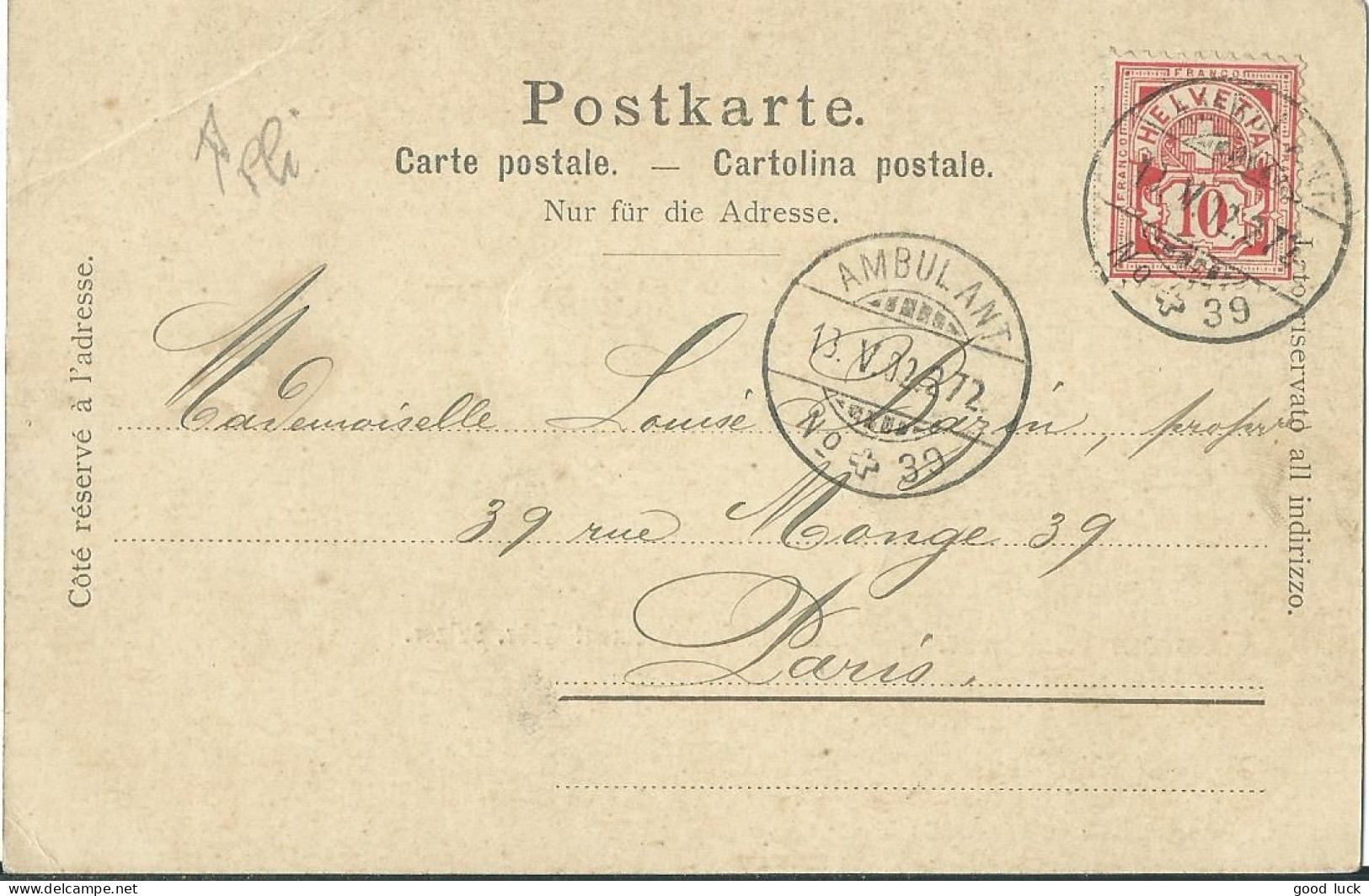 SUISSE CARTE 10c AMBULANT N° 39 POUR PARIS DE 1902 LETTRE COVER - Covers & Documents