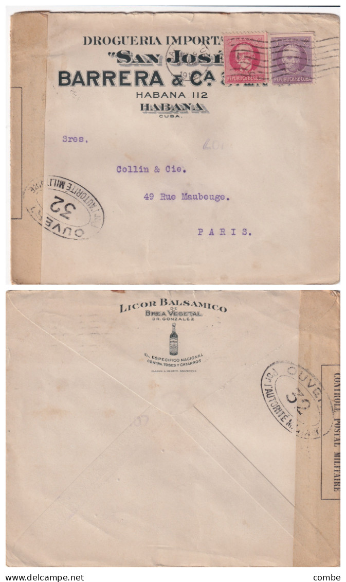 LETTRE. CUBA. 1913. BARRERA & C°. LICOR BALSAMICO. HABANA POUR PARIS. BANDE CENSURE - Covers & Documents