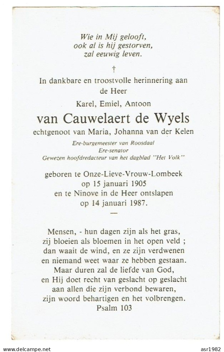 Doodsprentje Burgemeester Roosdaal : Karel,Emiel,Antoon Van Cauwelaert De Wyels . ( O-L-Vrouw-Lombeek -  Ninove .) . - Religion & Esotérisme
