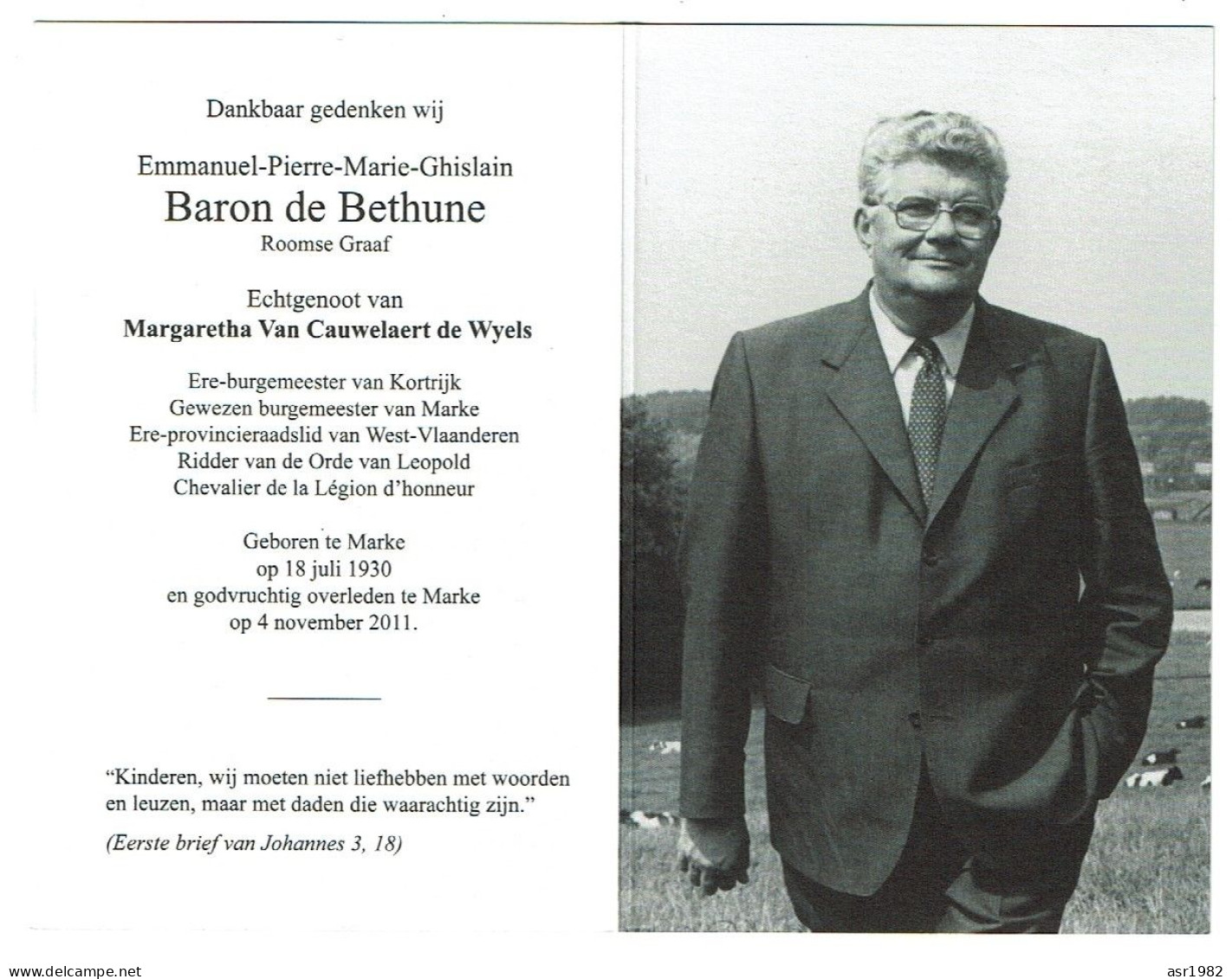 Doodsprentje Burgemeester Kortrijk : Emmanuel-Pierre-Marie-Ghislain Baron De Bethune . ( Marke ) . - Religion & Esotérisme