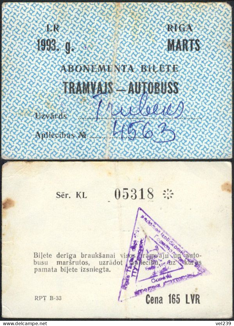 Latvia. Monthly Ticket. 1993. Bus. Tram - Europa