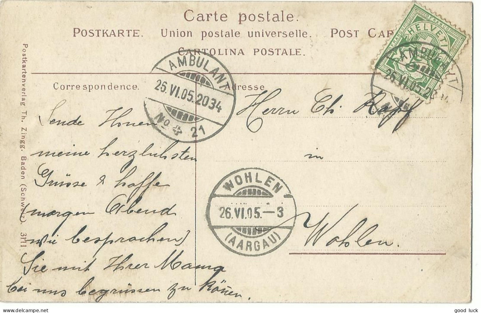 SUISSE CARTE 5c  AMBULANT N° 21 POUR WOHLEN DE 1905 LETTRE COVER - Storia Postale