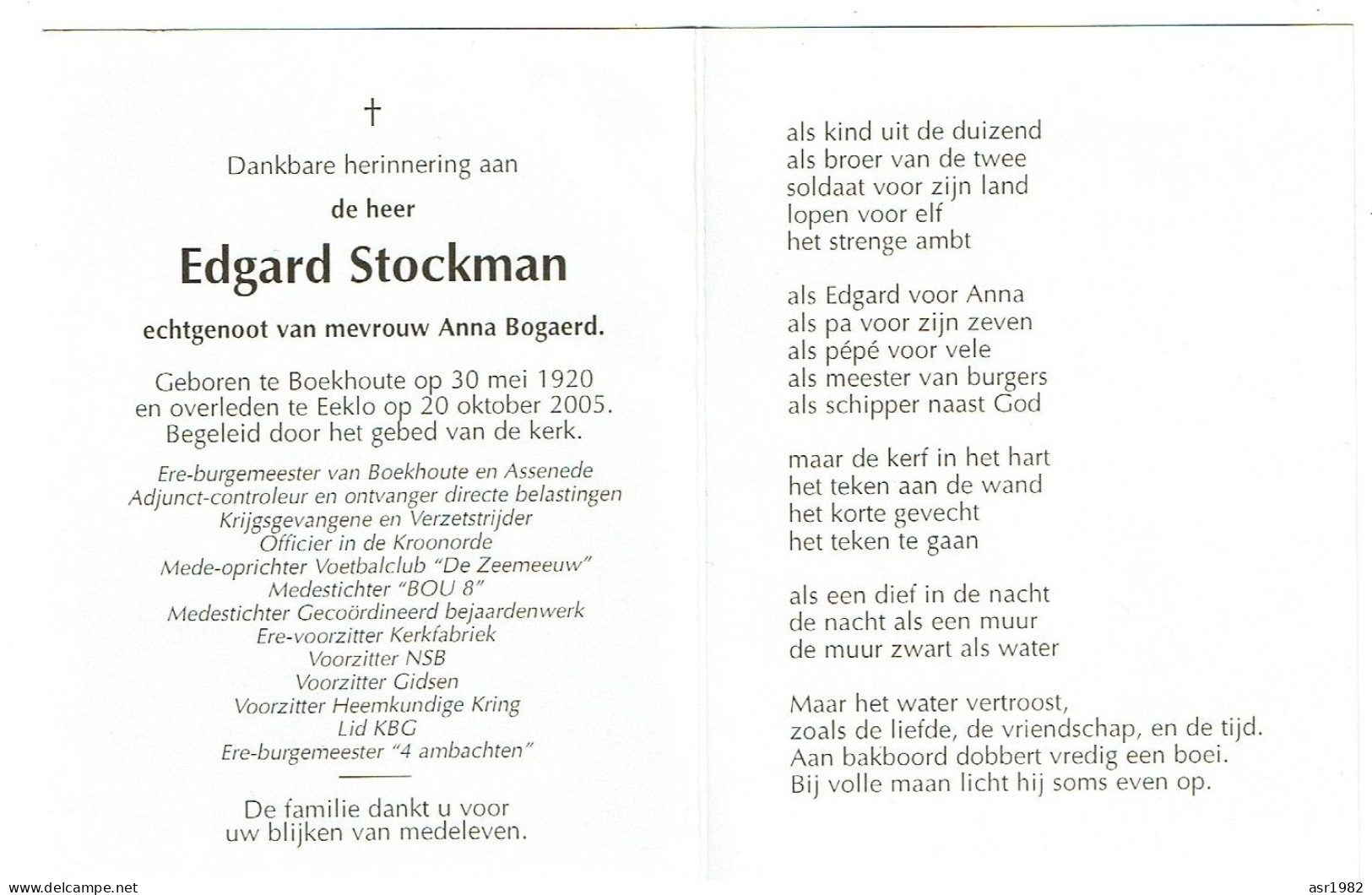Doodsprentje Burgemeester Assenede En Boekhoute : Edgard Stockman . - Religion &  Esoterik