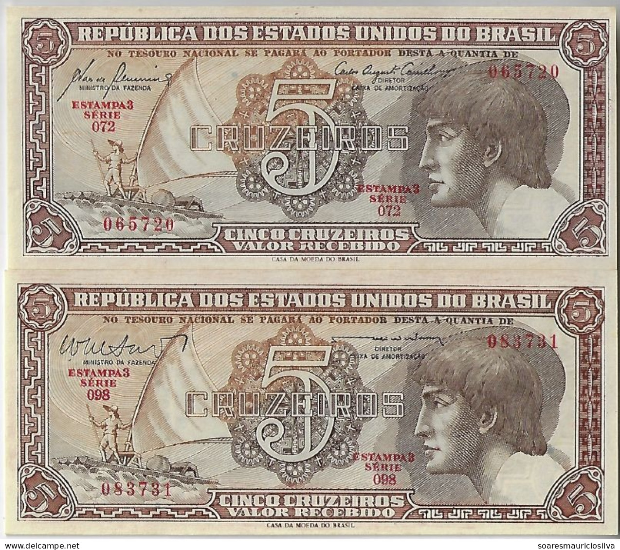 Brazil Banknote Amato-111/112 Pick-166a 166b 5 Cruzeiros 1961 1962 Series 72 98 Indian Indigenous Flower Water Lily UNC - Brasile