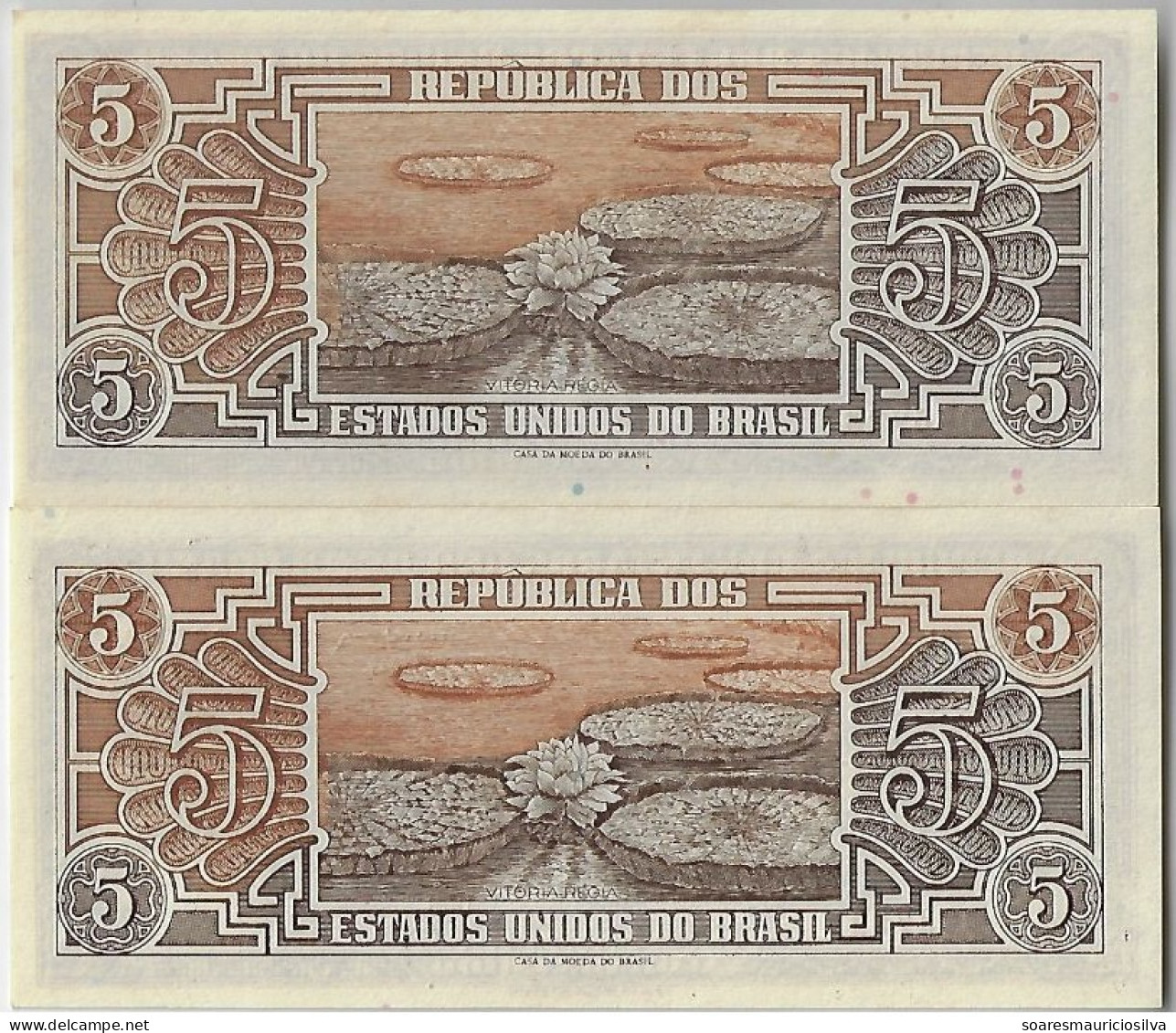 Brazil Banknote Amato-111/112 Pick-166a 166b 5 Cruzeiros 1961 1962 Series 72 98 Indian Indigenous Flower Water Lily UNC - Brésil