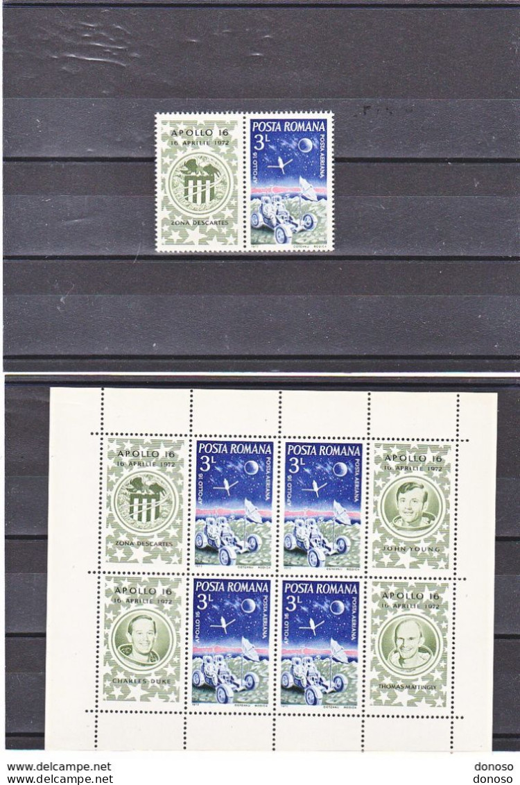 ROUMANIE 1972 ESPACE APOLLO 16 Yvert PA 233 + BF 97, Michel 3022 + Bl 95 NEUF** MNH Cote 14,30 Euros - Unused Stamps