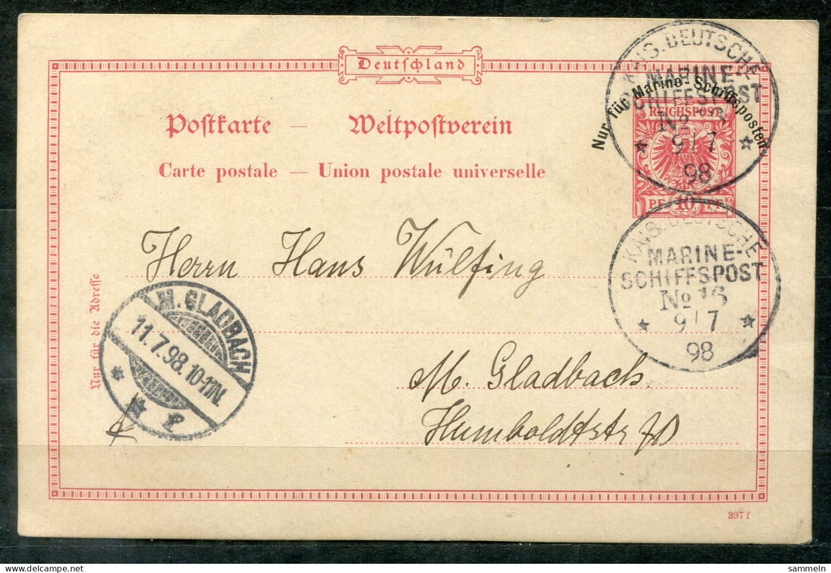 DEUTSCHES REICH - Schiffspost, Navire, Paquebot, Ship Letter, Stempel MARINE-SCHIFFSPOST No.16, 9.7.98 - Briefkaarten