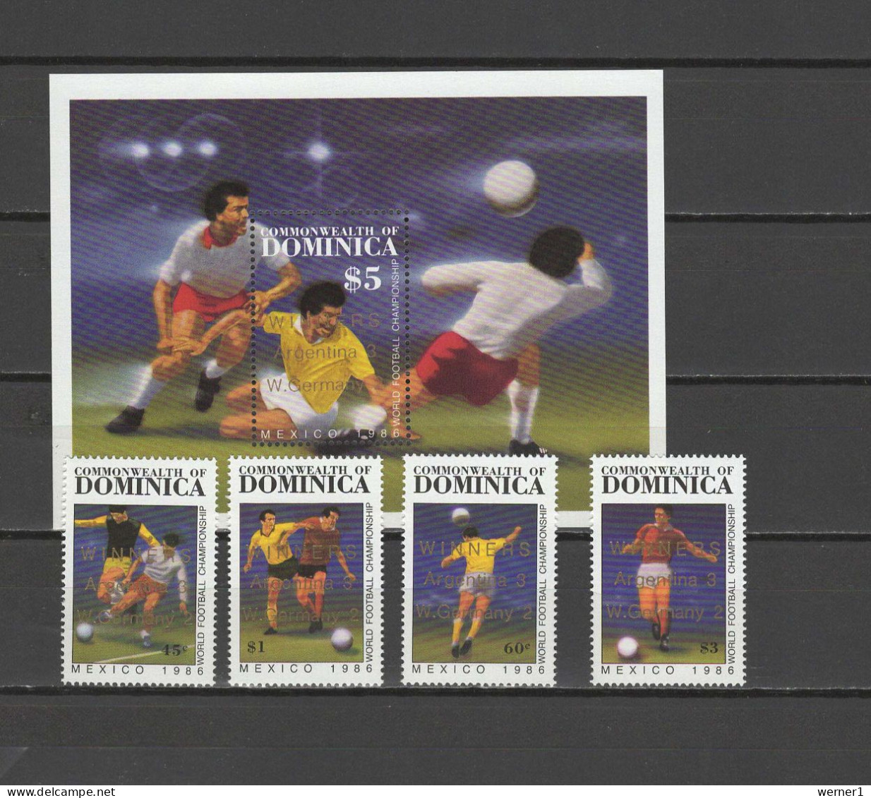 Dominica 1986 Football Soccer World Cup Set Of 4 + S/s With Winners Overprint MNH - 1986 – Messico